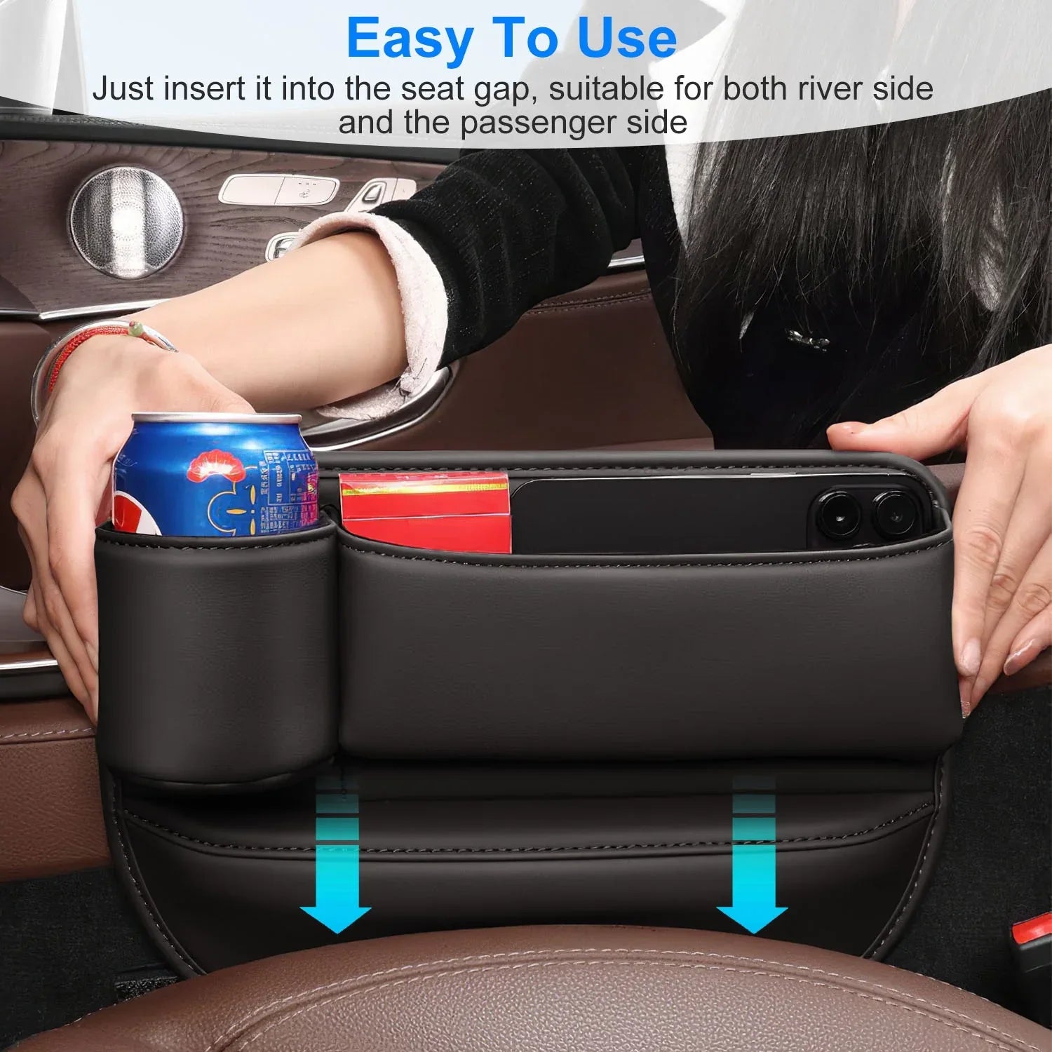 2 Pack Car Seat Gap Filler Organizer Car Leather Cup Holder Gap Bag Universal Car Seat Storage Black For Placing Keys Cards Phones Drinks Lipstick - THE MILE MAKER DRIVER SHOP