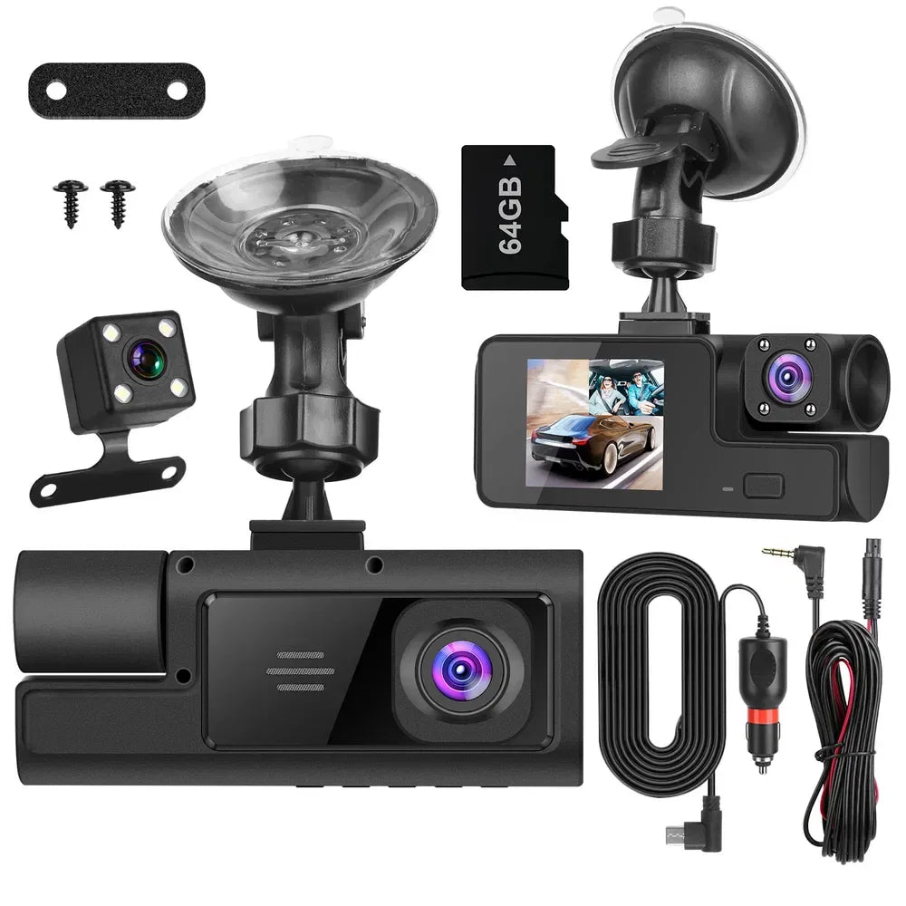 WiFi FHD 1080P Car Dash Cam 3 Channels Front Rear Inside Dash Camera With Loop Recording Reversing Visual 170° Wide Angle 64G Card Included - THE MILE MAKER DRIVER SHOP