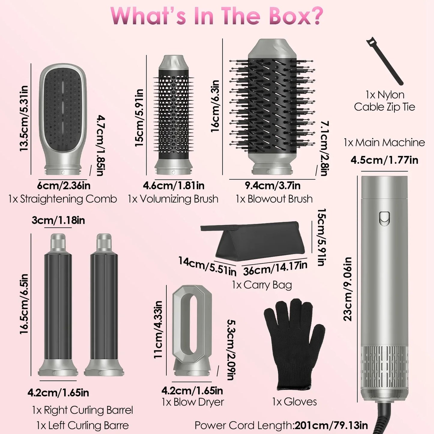 1Pc 6 In 1 Hot Air Styler Volumizer Straightener Curler Dryer Automatic Wrap Styler Hair Dryer Brush Set With 3 Temp Settings ALCI Plug Glove Cable Zip Tie - THE MILE MAKER DRIVER SHOP