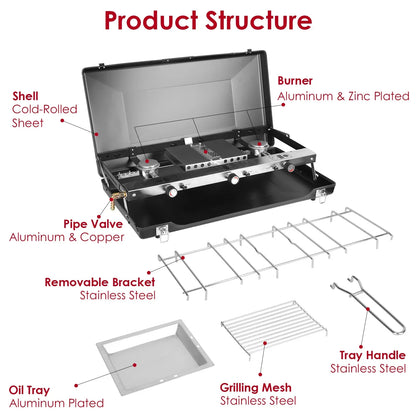 3 Burner Camping Stove 20000 BTU Portable Foldable Propane Stove With Toast Tray Windshield Portable Handle Outdoor Cooking Gas Stove For RV Camping BBQ Picnic - THE MILE MAKER DRIVER SHOP