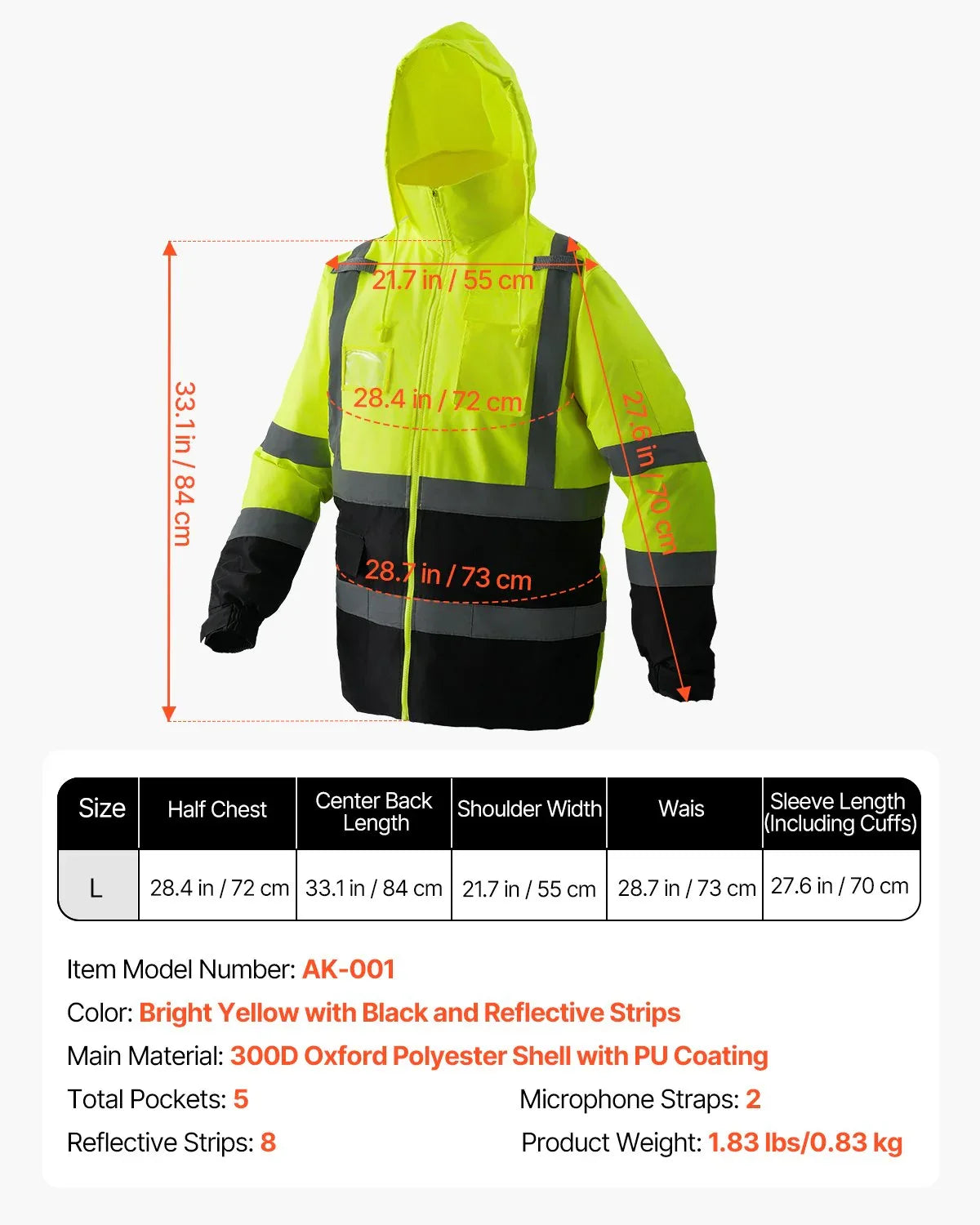 High Visibility Reflective Safety Jacket Waterproof Hoodie Yellow With Black L - THE MILE MAKER DRIVER SHOP