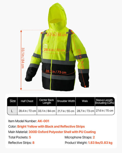 High Visibility Reflective Safety Jacket Waterproof Hoodie Yellow With Black L - THE MILE MAKER DRIVER SHOP