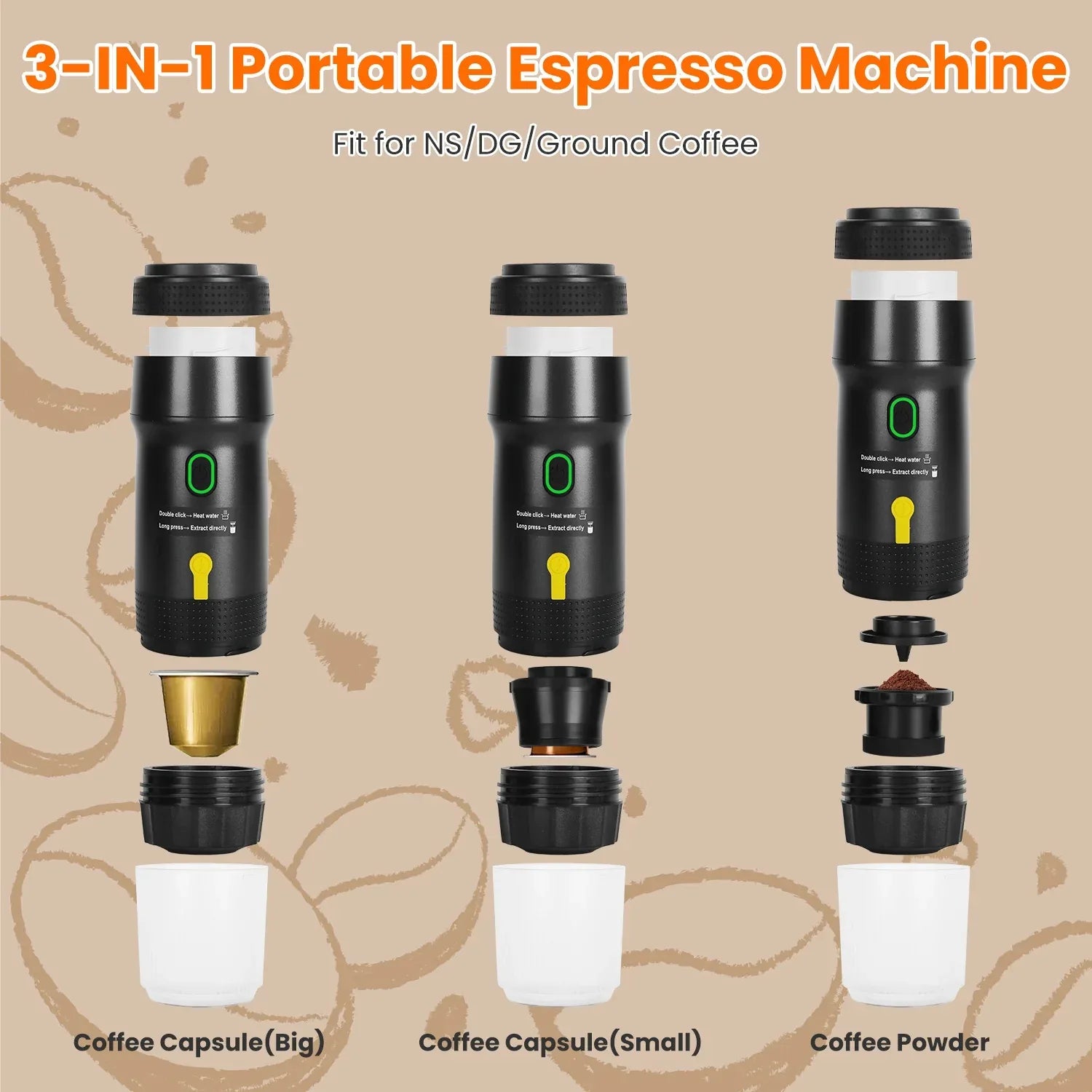 1Pc Portable Electric Espresso Machine Cordless Coffee Maker Self Heating Car Espresso Maker With Anti Dry Burn Fit For Ground Coffee NS DG Capsules For Car Camping Hiking RV Home Office - THE MILE MAKER DRIVER SHOP
