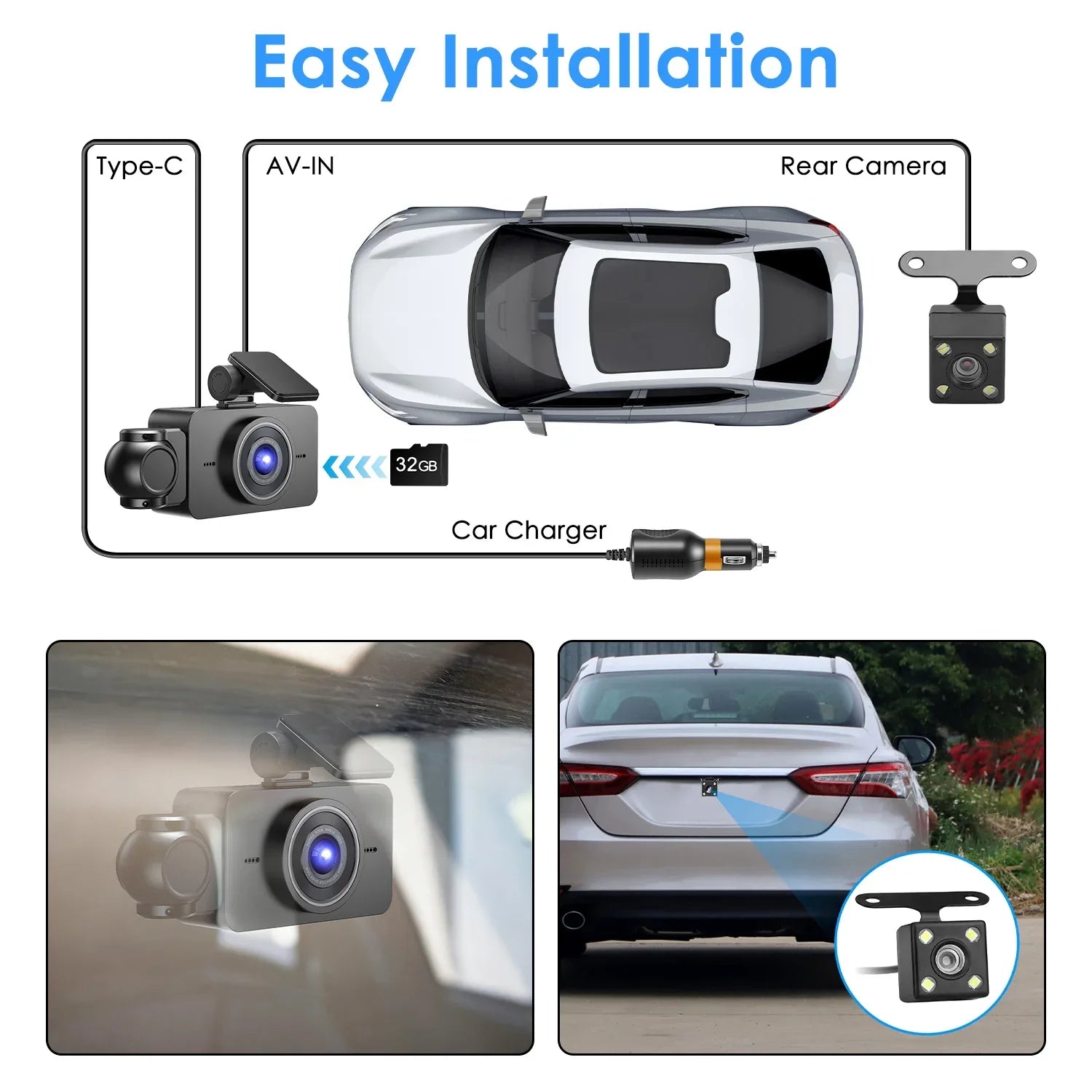 WiFi FHD 1080P 3 Channel Car Dash Cam Front Rear Inside With 32G MMC Card Motion Detection Loop Recording Infrared Night Vision Surveillance Car Camera With App Control - THE MILE MAKER DRIVER SHOP