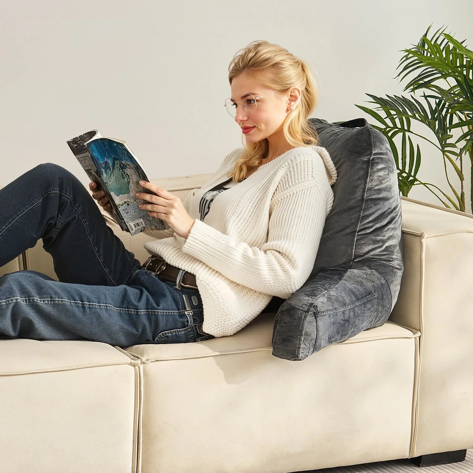 Reading Pillow, Large Size Bed Pillow With Shredded Memory Foam, Back Pillow With 3 Pockets And Washable Short Velvet Cloth, Top With Handle, For Watching TV, Reading, Gaming, Resting, Grey - THE MILE MAKER DRIVER SHOP