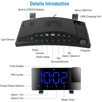 1Pc Projection Alarm Clock With Radio Function Curved Screen LED Digital Alarm Clock With Dual Alarms 4 Dimmer 12-24 Hour USB Charging Port 180Degree Rotatable Projection - THE MILE MAKER DRIVER SHOP