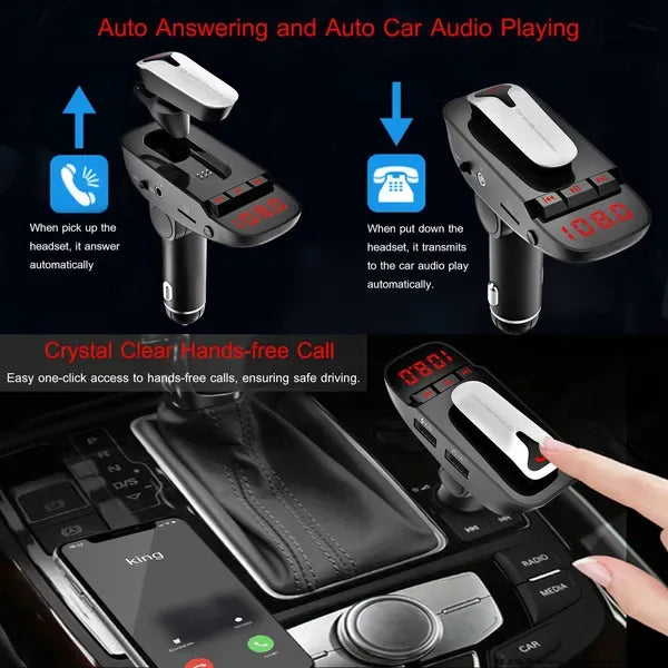 Car FM Transmitter W/ Wireless Earpiece 2 USB Charge Ports Hands-free Call MP3 Player - THE MILE MAKER DRIVER SHOP