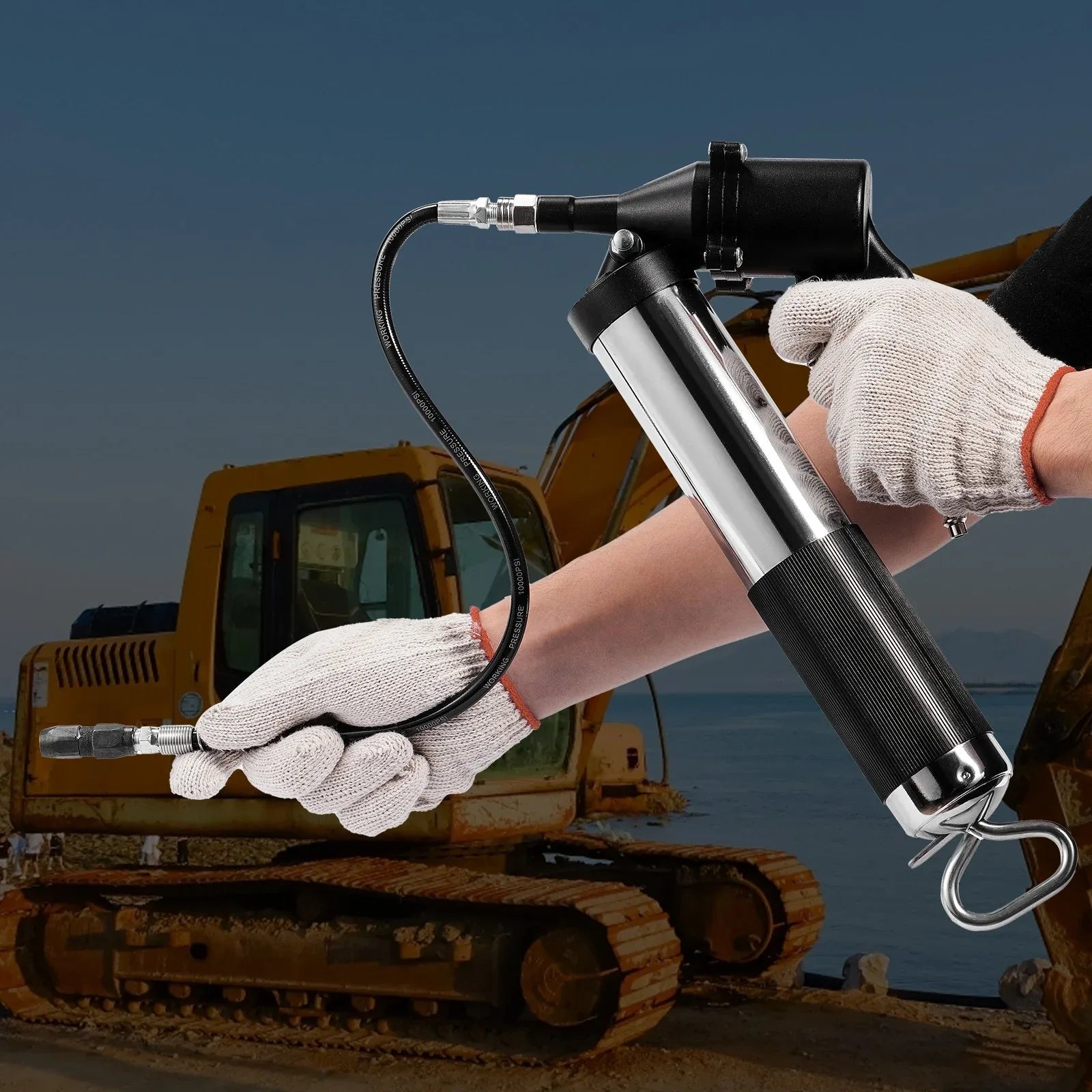 Capacity Heavy Duty Pneumatic Grease Gun, With 18.5 Inch Flexible Hose, 1 Black Flat Coupler Pointed Coupler Bent Metal Pipe Locking Clamp Coupler - THE MILE MAKER DRIVER SHOP