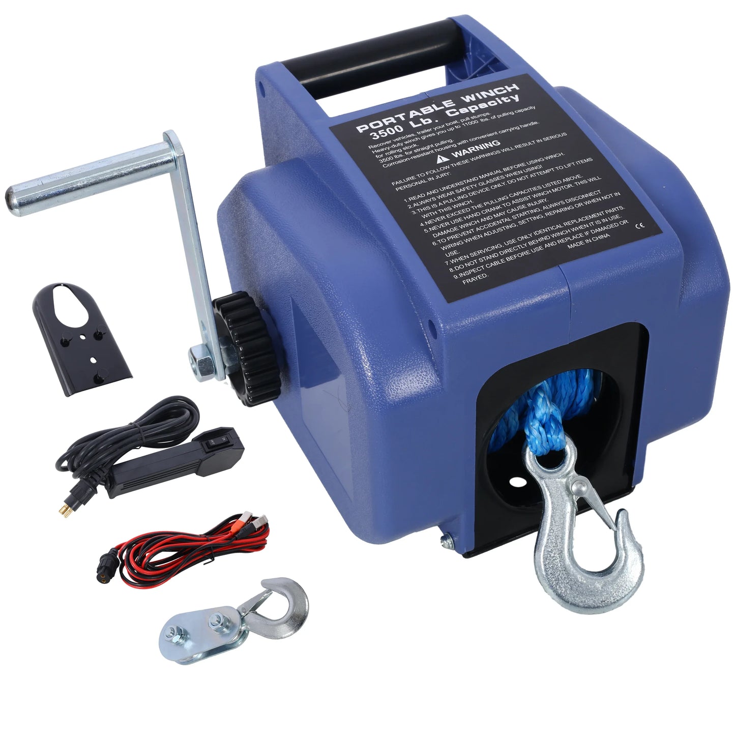 12v 3500lbs Trailer Winch,Reversible Electric Winch, For Boats Up To 5000 Lbs.,with Synthetic Rope,with Extra Pulley Hook,power In And Power Out,with Manual Function.blue Plastic Casing - THE MILE MAKER DRIVER SHOP