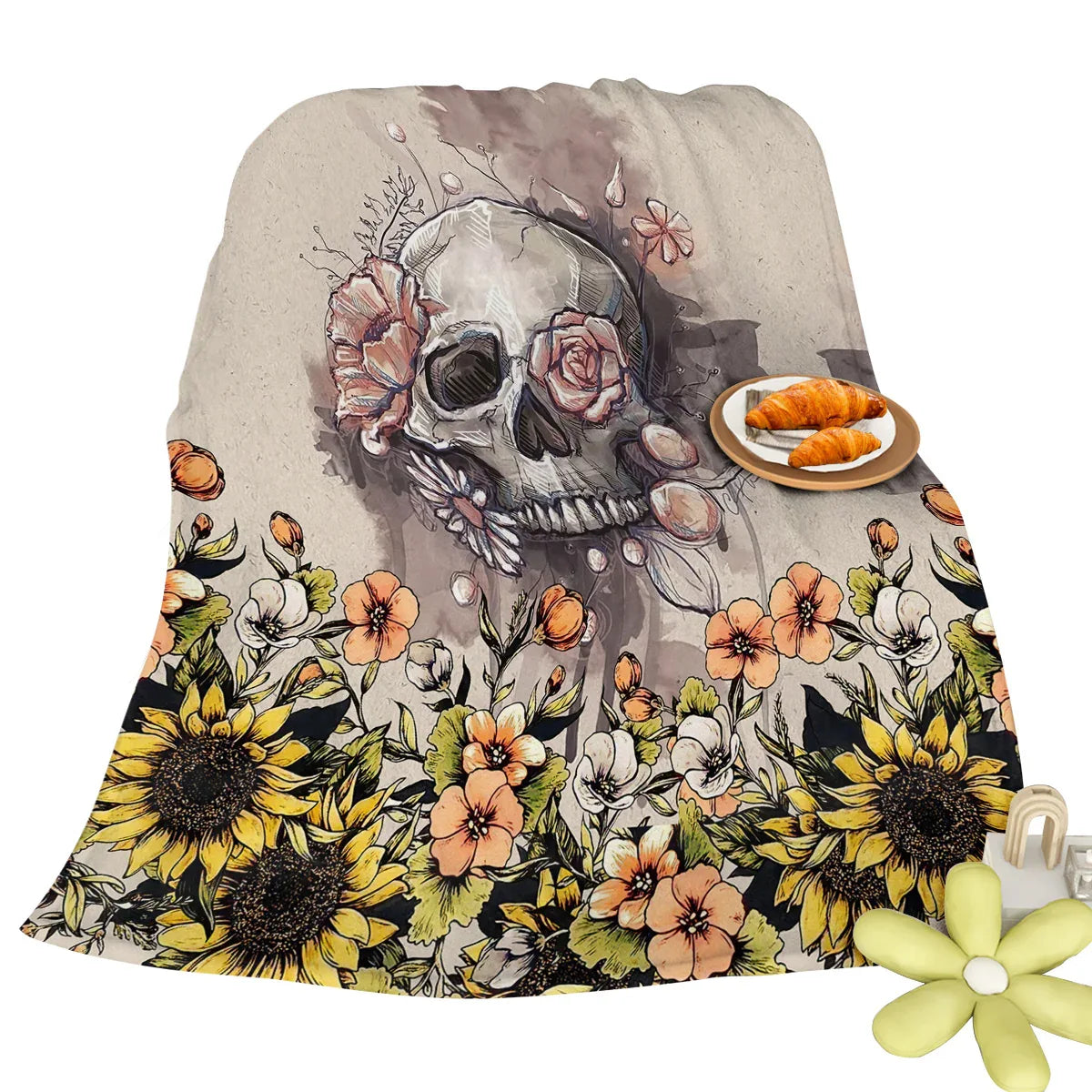 Rustic Skull Sunflower Flannel Fleece Blanket Floral Skull Flannel Soft Plush Throw Blanket Cozy Blankets For Bed Chair Car Sofa Couch Bedroom 75x100cm 130x150cm 150x200cm - THE MILE MAKER DRIVER SHOP