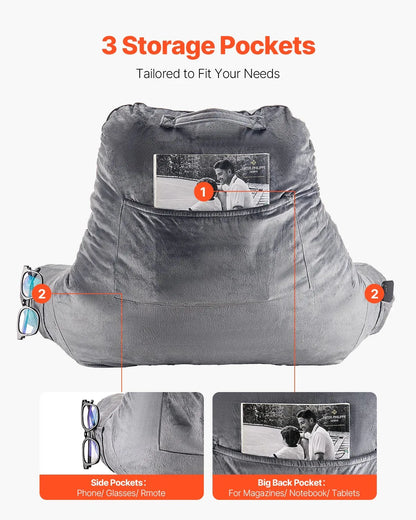 Reading Pillow, Large Size Bed Pillow With Shredded Memory Foam, Back Pillow With 3 Pockets And Washable Short Velvet Cloth, Top With Handle, For Watching TV, Reading, Gaming, Resting, Grey - THE MILE MAKER DRIVER SHOP