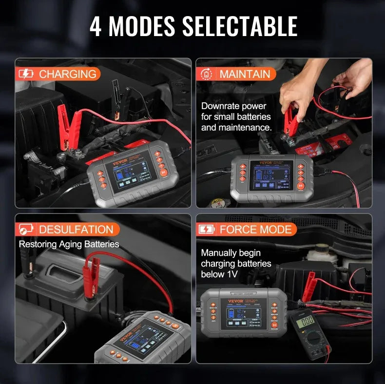 VEVOR Smart Battery Charger, 20-Amp, Lithium LiFePO4 Lead-Acid AGM Gel SLA Car Battery Charger With LCD Display, Trickle Charger Maintainer Desulfator For Boat Motorcycle Lawn Mower Deep Cycle - THE MILE MAKER DRIVER SHOP