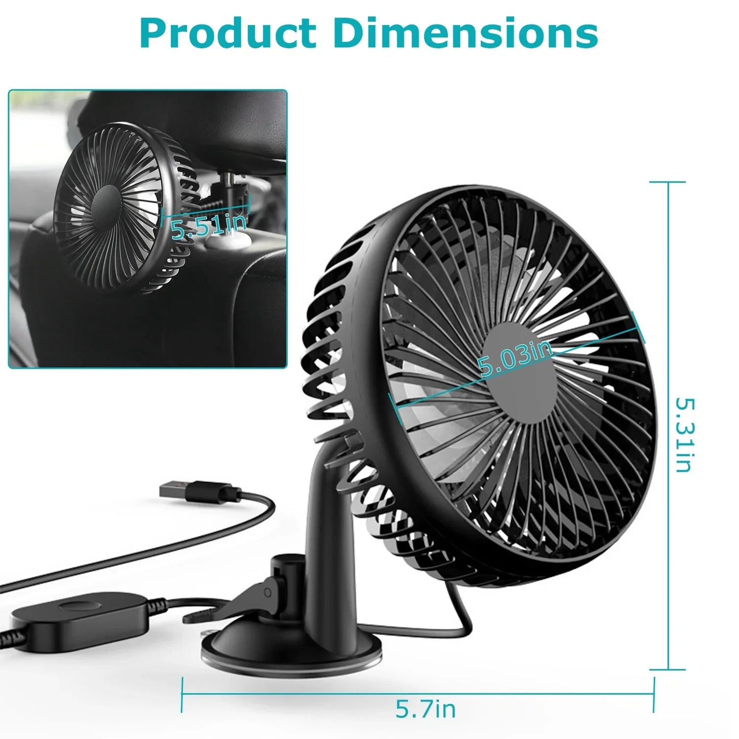 1Pc Car Cooling Fan Portable Rotatable USB Vehicle Fan Backseat Clip Fan Dashboard Window Suction Fan For SUV RV Pickup With 3 Speeds - THE MILE MAKER DRIVER SHOP