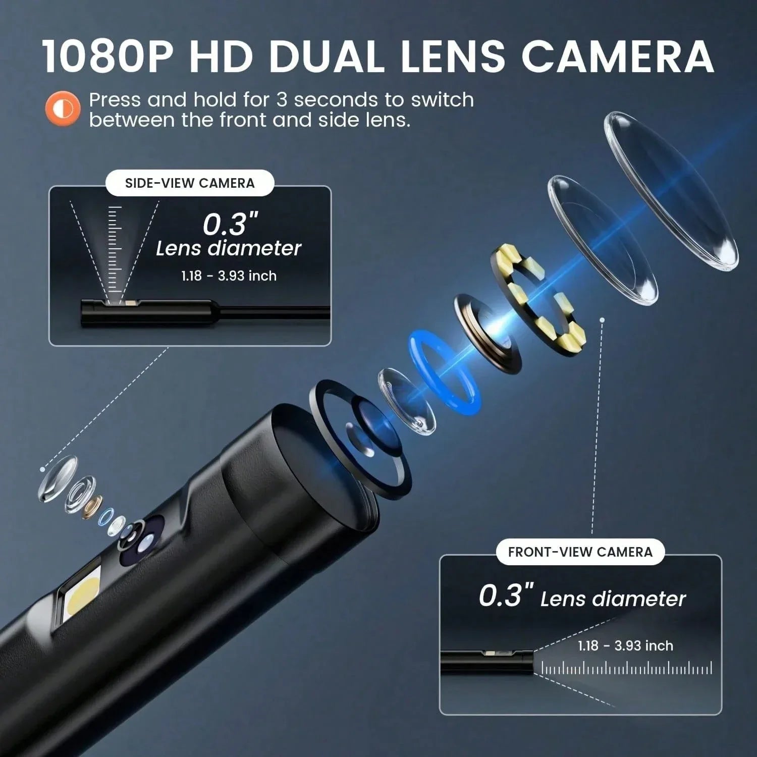 4.3 Inch Dual Lenses Endoscope Camera With Light, With 32GB Memory Card- Waterproof Borescope Camera With 8 Adjustable LED Lights, LCD Screen, HD 1080P Inspection Camera, 5M Semi-Rigid Cord For Vehic - THE MILE MAKER DRIVER SHOP