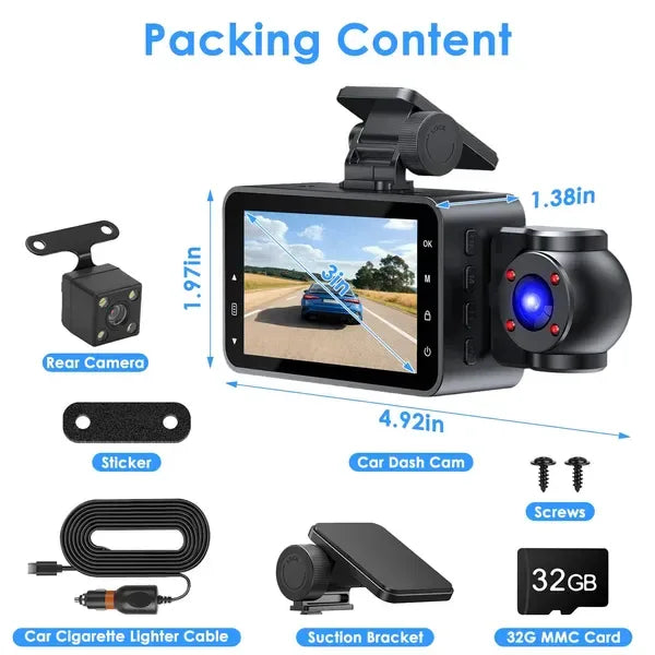WiFi FHD 1080P 3 Channel Car Dash Cam Front Rear Inside With 32G MMC Card Motion Detection Loop Recording Infrared Night Vision Surveillance Car Camera With App Control - THE MILE MAKER DRIVER SHOP