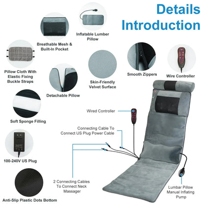 Advanced Version Full Body Electric Massage Mat With Heat Vibration Massage Pad Cushion With Neck Massager Lumbar Pillow With 10 Vibration Motors 3 Timers Anti-Slip Bottom Earplugs - THE MILE MAKER DRIVER SHOP