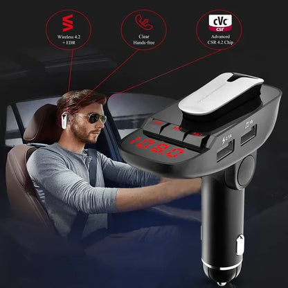 Car FM Transmitter W/ Wireless Earpiece 2 USB Charge Ports Hands-free Call MP3 Player - THE MILE MAKER DRIVER SHOP