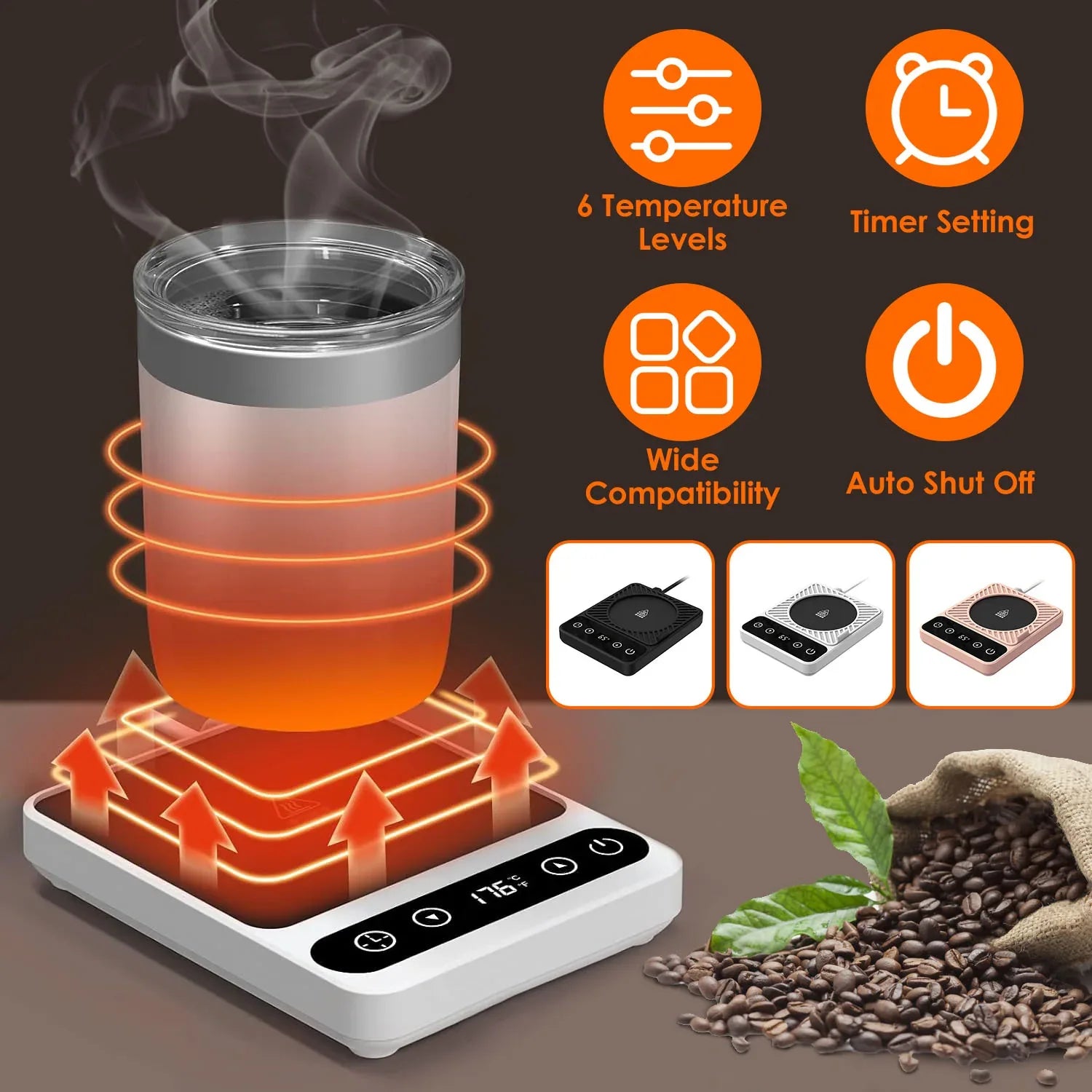 3 Colors Options -- 1Pc Desktop Electric Mug Warmer Auto Shut Off Timer Setting 6 Temperature Levels Cup Warmer For Milk Tea Cup Heating Plate - THE MILE MAKER DRIVER SHOP