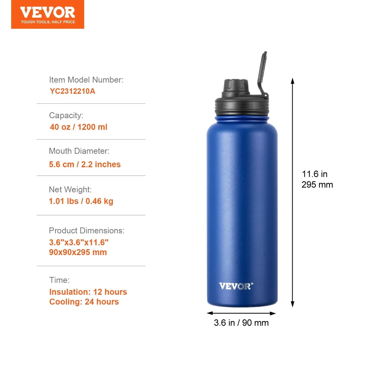 40 Oz Insulated Water Bottle Stainless Steel With Wide Mouth Lid Blue - THE MILE MAKER DRIVER SHOP