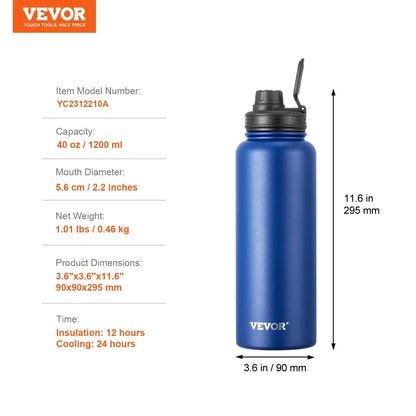 40 Oz Insulated Water Bottle Stainless Steel With Wide Mouth Lid Blue - THE MILE MAKER DRIVER SHOP