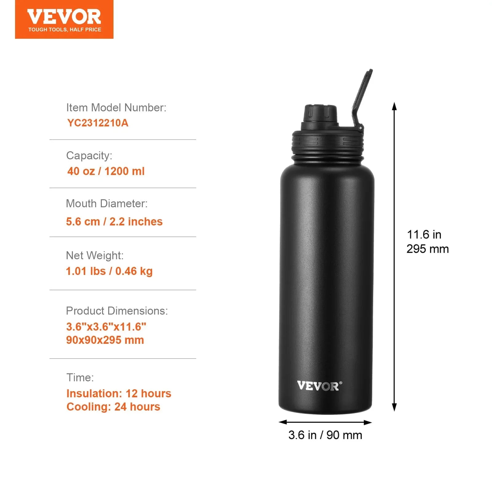40 Oz Insulated Water Bottle Stainless Steel With Wide Mouth Lid Black - THE MILE MAKER DRIVER SHOP
