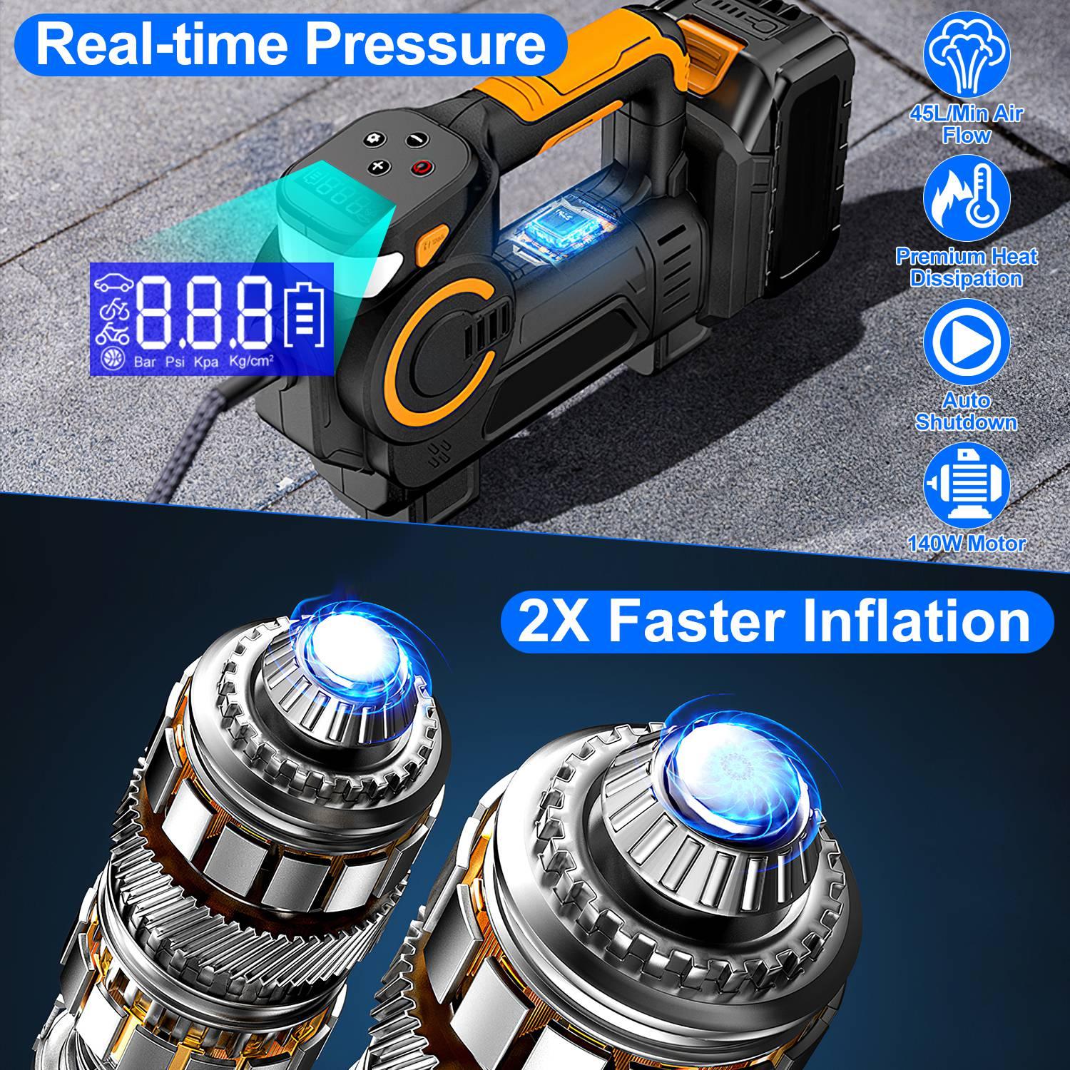 1Pc 140W 150PSI 21V Battery Powered Tire Inflator Cordless Air Inflator Digital Air Compressor With LED Light For Cars Motorcycles Bicycles Balls - THE MILE MAKER DRIVER SHOP