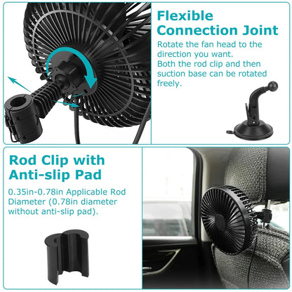 1Pc Car Cooling Fan Portable Rotatable USB Vehicle Fan Backseat Clip Fan Dashboard Window Suction Fan For SUV RV Pickup With 3 Speeds - THE MILE MAKER DRIVER SHOP