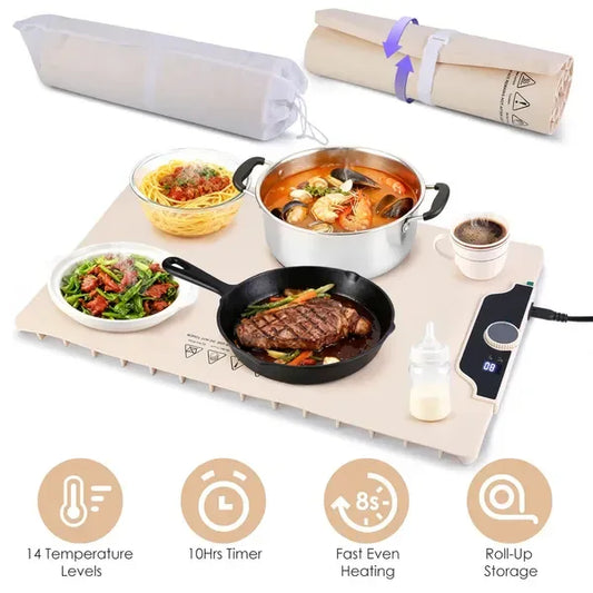 Food Warming Mat 23.6X15.8In 300W Fast Heating Electric Silicone Food Warmer With 14 Temp Levels 10Hrs Timer Settings Roll-Up Portable Hot Plates Heat Pad For Parties Buffet - THE MILE MAKER DRIVER SHOP