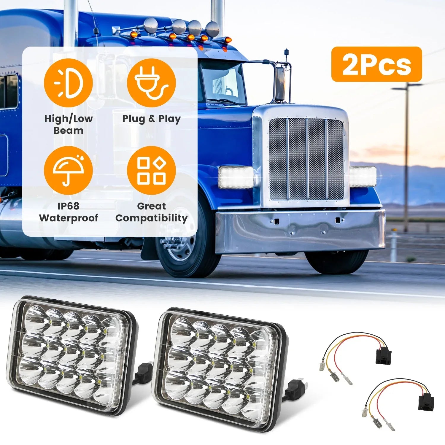 2Pcs 4x6in Car LED Headlights Vehicle Rectangular Headlamp With H4 Socket H4-to-3Pins Adapter With High Low Beam White Light IP68 Waterproof For 10-80V SUV Truck Sedan Car Motorcycle - THE MILE MAKER DRIVER SHOP