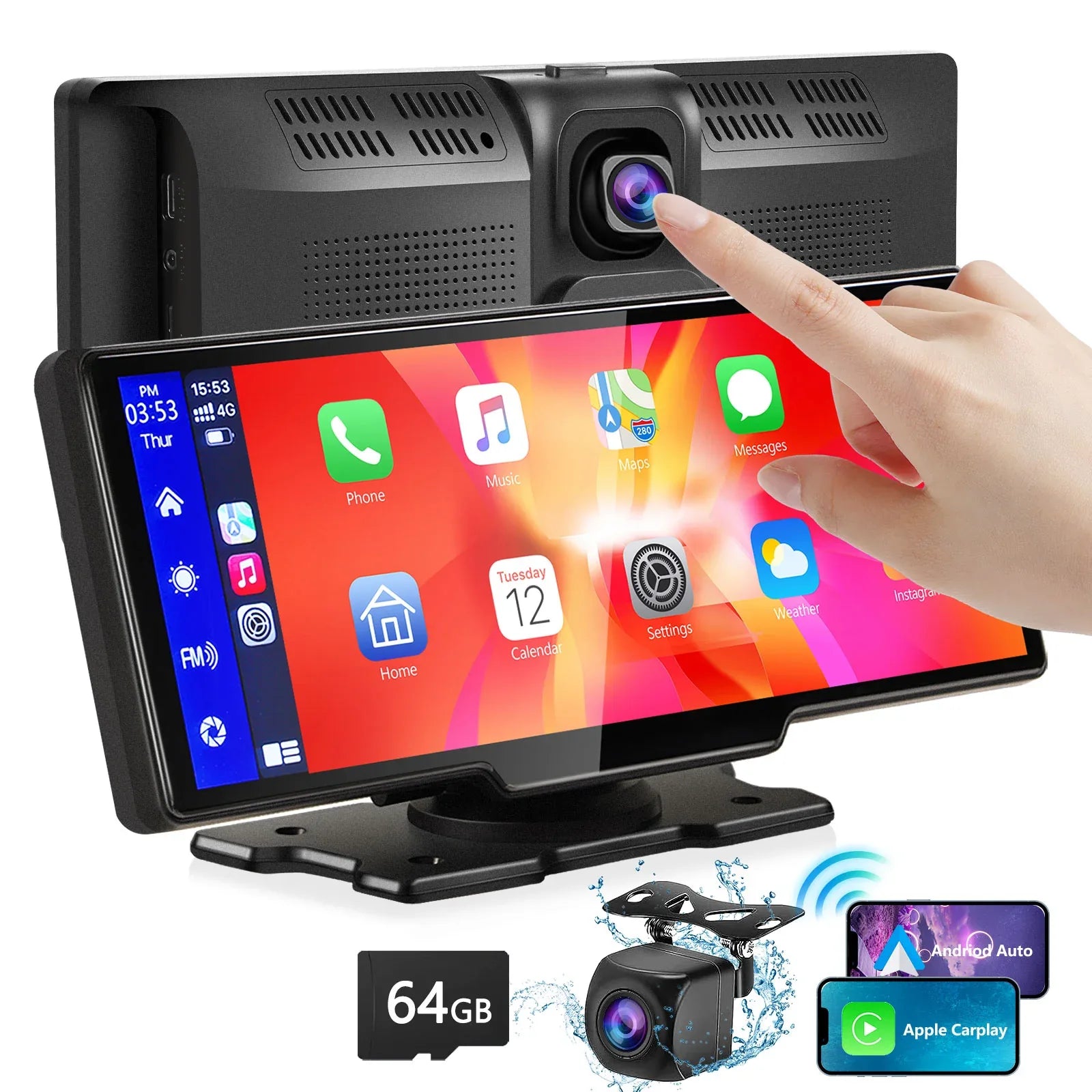 Portable Wireless Carplay With 2.5K Camera, 1080P Back Cam 9.3inches Ultra HD Android Auto Car Play Screen For Car DVR Loop Recording, Bluetooth GPS Navigation Touch Drive Screen With FM Radio System - THE MILE MAKER DRIVER SHOP