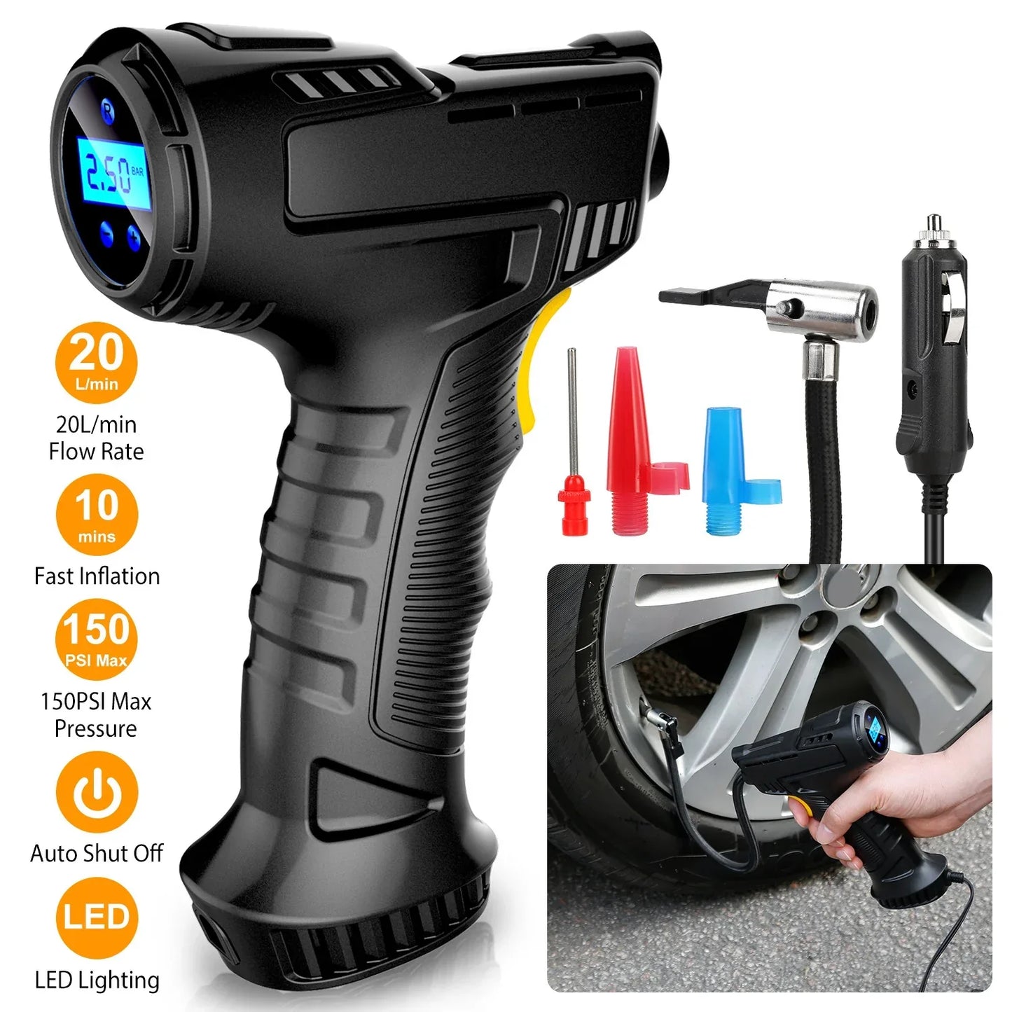 Portable Car Tire Inflator DC 12V Digital Car Air Compressor Electric Air Inflator With LED Light 150PSI - THE MILE MAKER DRIVER SHOP