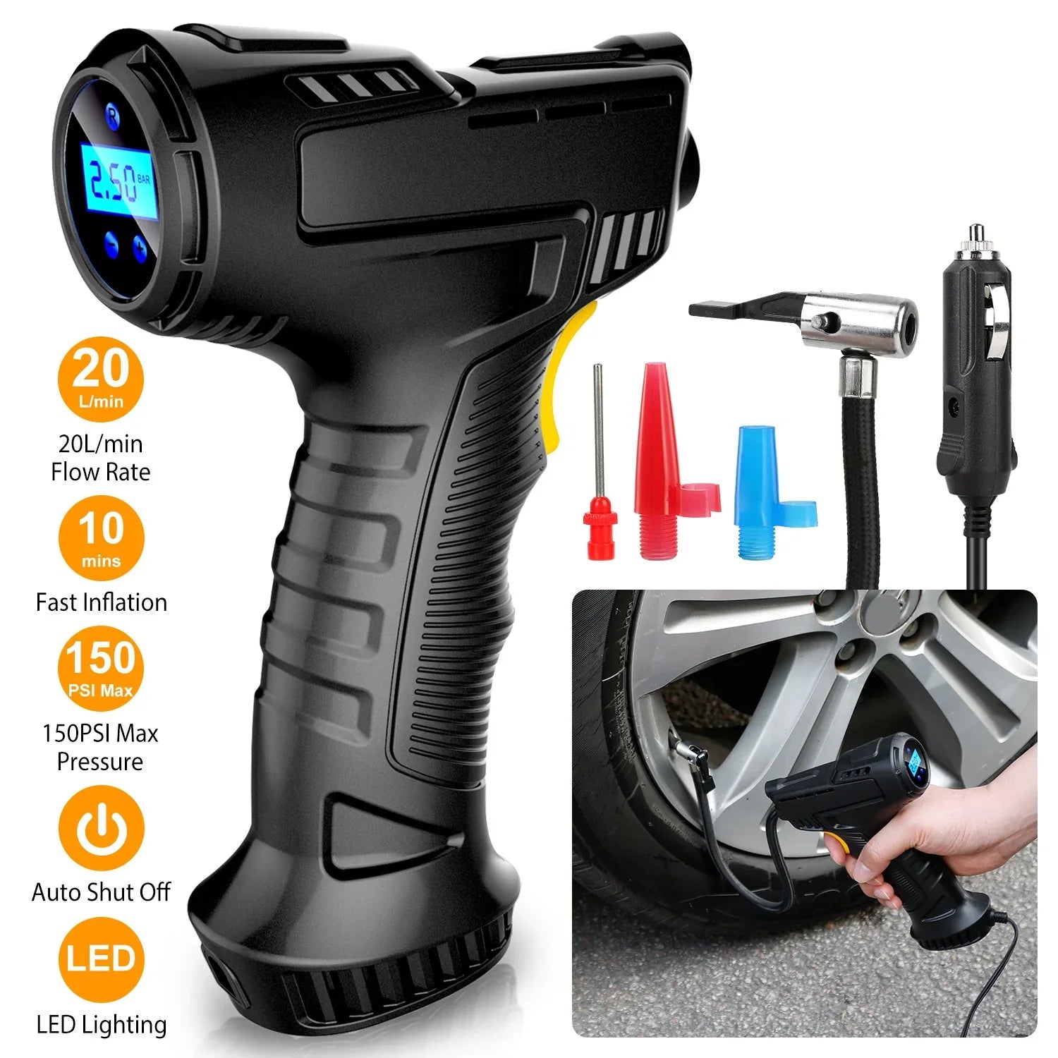 Portable Car Tire Inflator DC 12V Digital Car Air Compressor Electric Air Inflator With LED Light 150PSI - THE MILE MAKER DRIVER SHOP