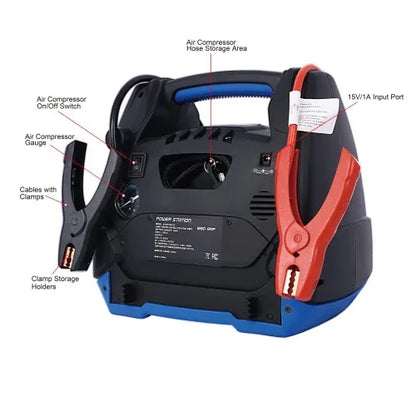 Rechargeable Jump Starter For Gas Diesel Vehicles - 1800 Amps With Air Compressor And AC, 12V DC, USB Power Station - THE MILE MAKER DRIVER SHOP