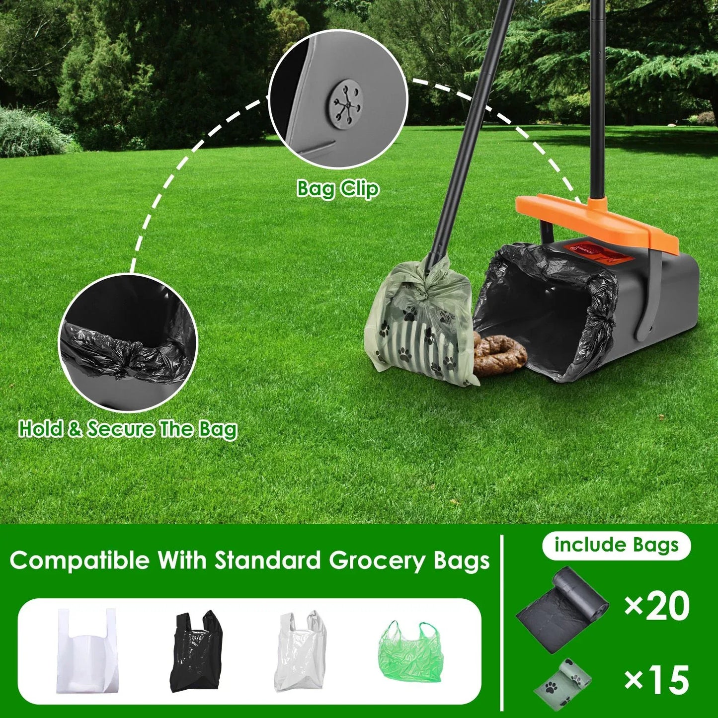 1Set Pooper Scooper Kit Dog Poop Rake & Swiveling Bin Poop Heavy Duty Pick Up Tool With Extra Long Handle 35 Waste Bags Dispenser - THE MILE MAKER DRIVER SHOP