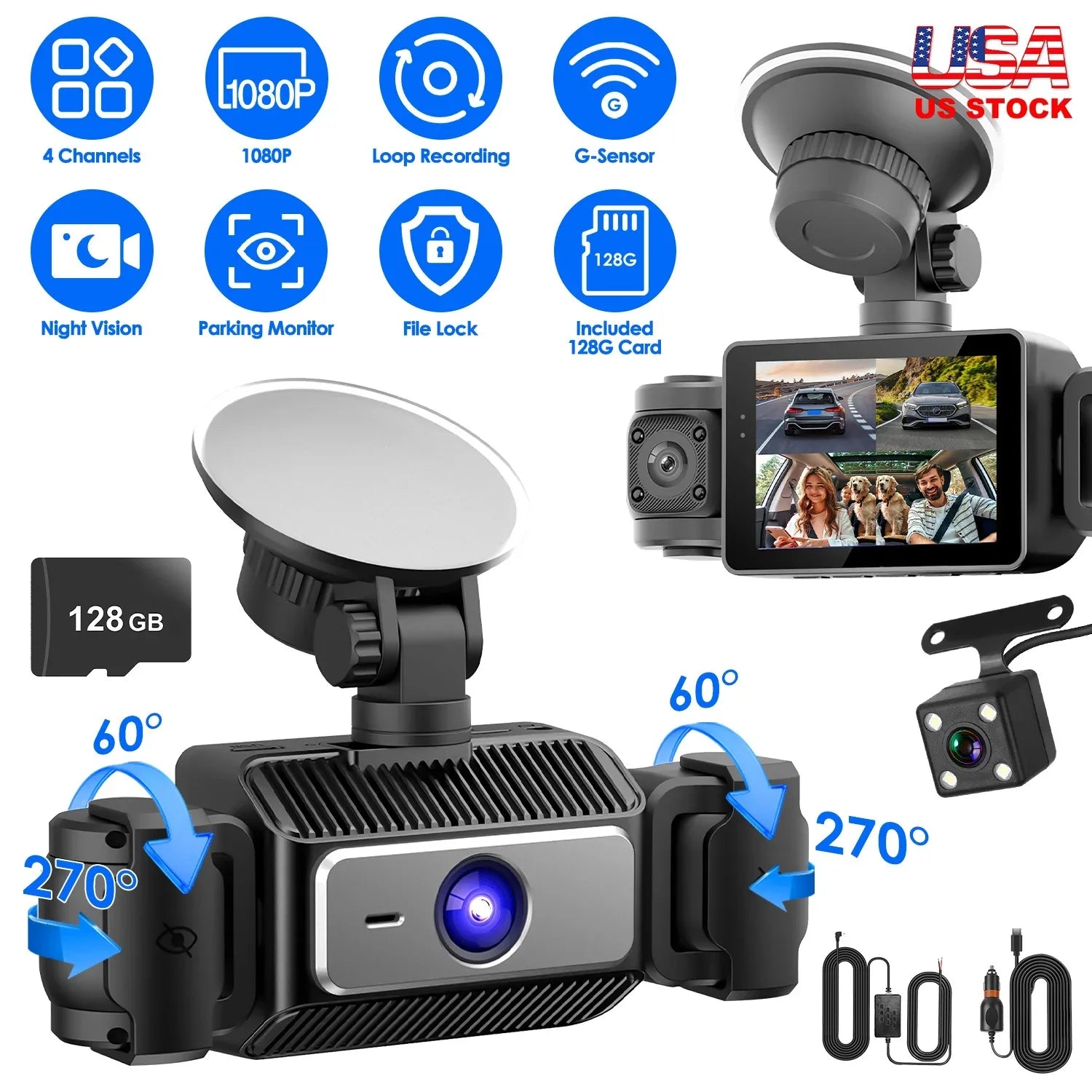 4 Channel Car Dash Cam With 128G MMC Card 1080P Front 720P Left Right 480P Rear G-Sensor Parking Monitor Loop Recording Night Vision 360 Degree Surveillance Car Camera - THE MILE MAKER DRIVER SHOP