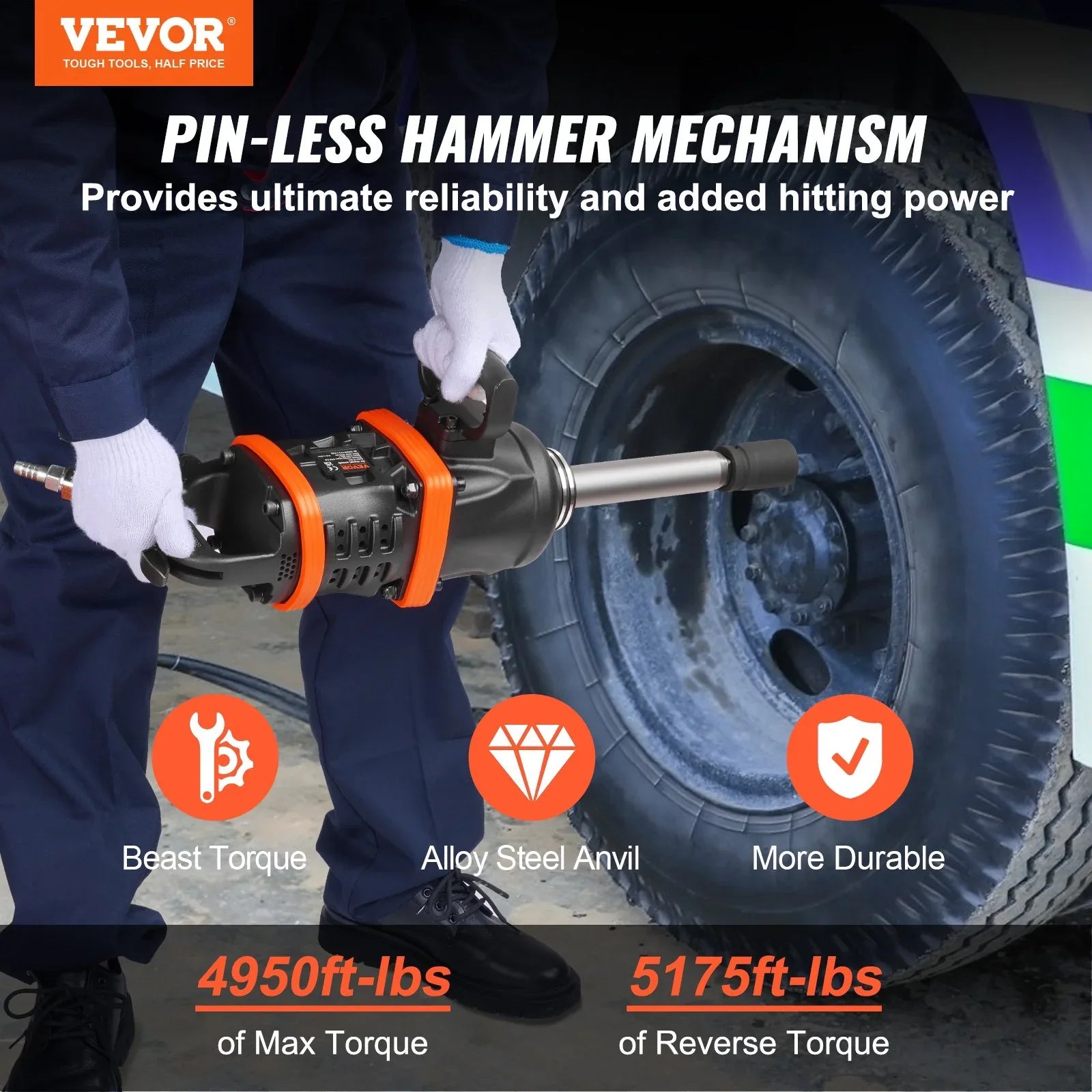 VEVOR 1 Inch Air Impact Wrench, Up To 5175 Ft-lbs Beast Reverse Torque Output Pneumatic Impact Gun 8 Inch Extended Anvil For Repairs And Maintenance Of Heavy Duty Machinery Semi-Truck Bus - THE MILE MAKER DRIVER SHOP