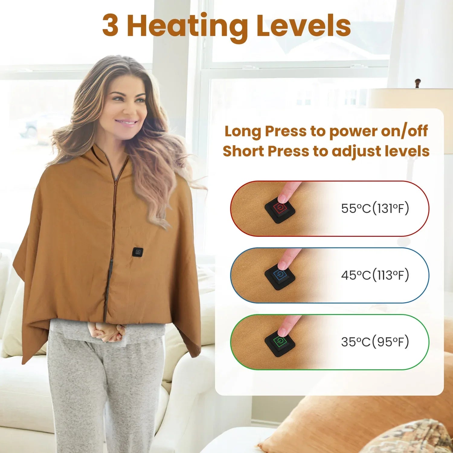 1Pc 79x24In USB Heated Shawl With Teasel Wearable Heating Blanket Electric Throw Wrap Indoor Outdoor With Zipper 3 Heating Levels Machine Washable For Outdoor Home Office - THE MILE MAKER DRIVER SHOP