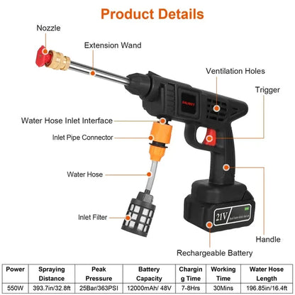 Cordless Pressure Washer Portable Electric Power Washer High Pressure Water Sprayer 363PSI Car Washer Cleaner With 12000mAh 21V Rechargeable Battery And Charger 2 Nozzles - THE MILE MAKER DRIVER SHOP
