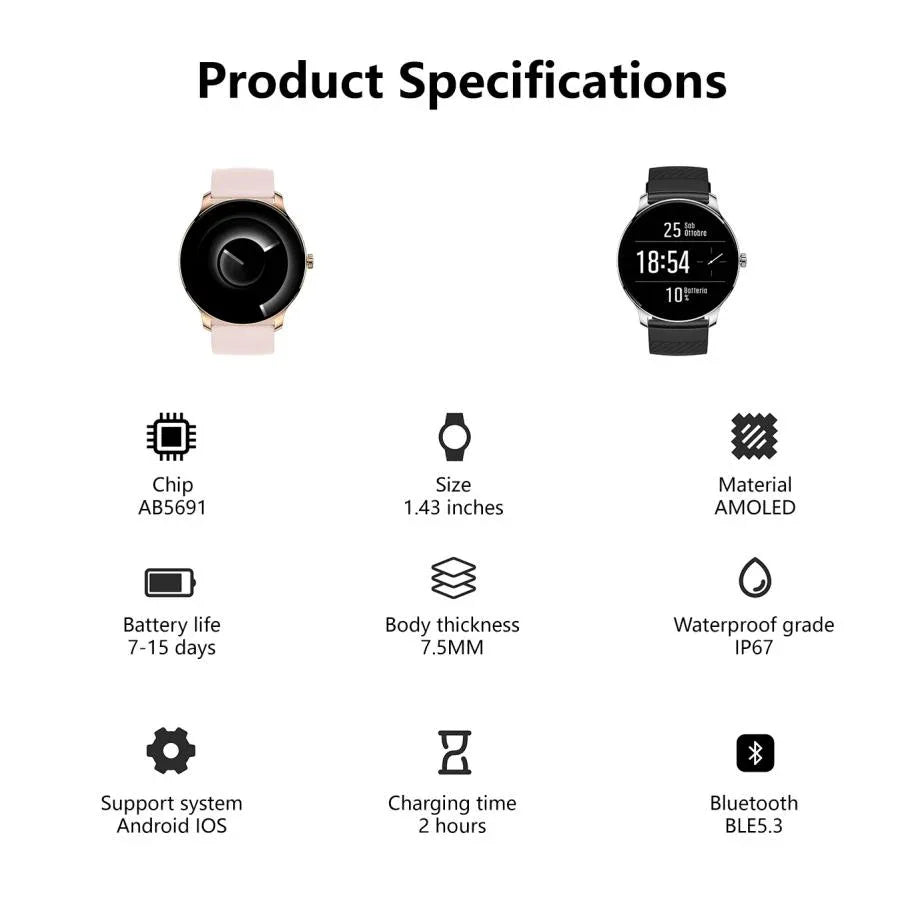 Ultra Slim Smart Watch For Men Women, 1.43 AMOLED Screen Fitness Watches , LP67 Outdoor Watch For Android Ios - THE MILE MAKER DRIVER SHOP
