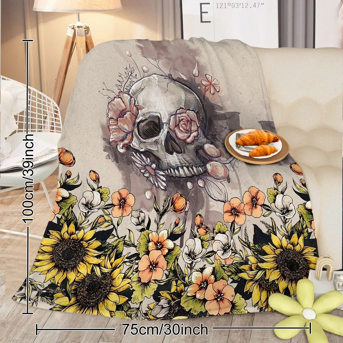 Rustic Skull Sunflower Flannel Fleece Blanket Floral Skull Flannel Soft Plush Throw Blanket Cozy Blankets For Bed Chair Car Sofa Couch Bedroom 75x100cm 130x150cm 150x200cm - THE MILE MAKER DRIVER SHOP