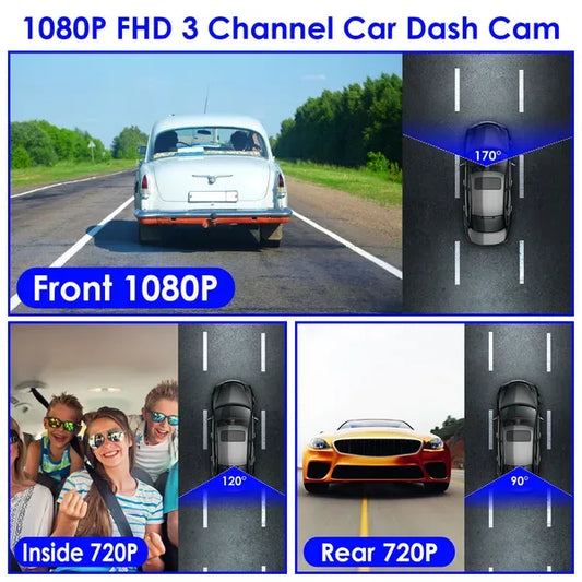 WiFi FHD 1080P Car Dash Cam 3 Channels Front Rear Inside Dash Camera With Loop Recording Reversing Visual 170° Wide Angle 64G Card Included - THE MILE MAKER DRIVER SHOP