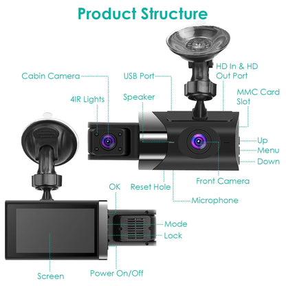 2K Car DVR 3 Channel Dash Cam Camcorder Camera Recorder With 140 Degree Angle GPS WiFi Night Vision G-sensor Loop Recording Parking Monitor - THE MILE MAKER DRIVER SHOP