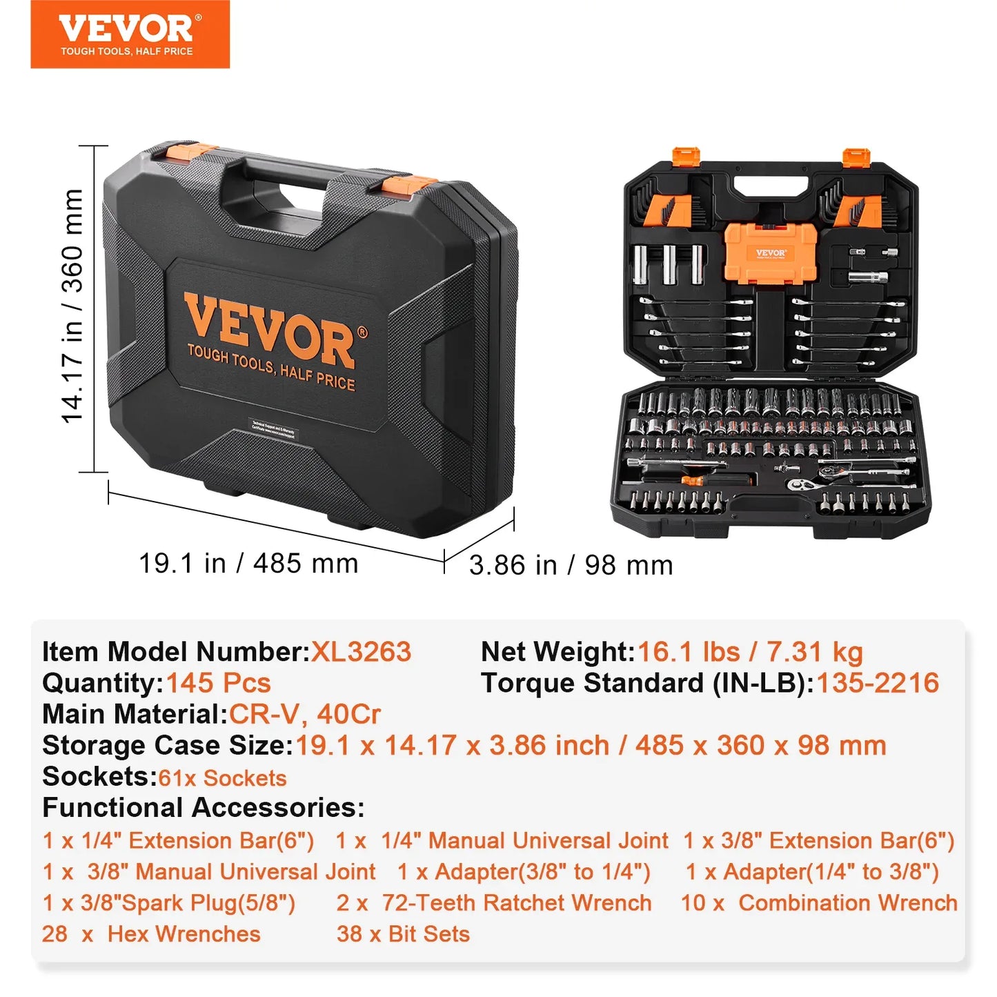 VEVOR Mechanics Tool Set And Socket Set, Drive Deep And Standard Sockets, 145 Pcs SAE And Metric Mechanic Tool Kit With Bits, Combination Wrench, Hex Wrenches, Accessories, Storage Case - THE MILE MAKER DRIVER SHOP