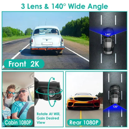 2K Car DVR 3 Channel Dash Cam Camcorder Camera Recorder With 140° Angle GPS WiFi Night Vision G-sensor Loop Recording Parking Monitor - THE MILE MAKER DRIVER SHOP