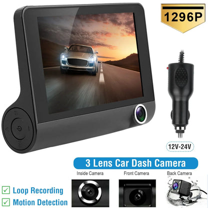 1296P Car DVR Dash Camera 4In 3 Lens Vehicle Driving Recorder Seamless Recording - THE MILE MAKER DRIVER SHOP
