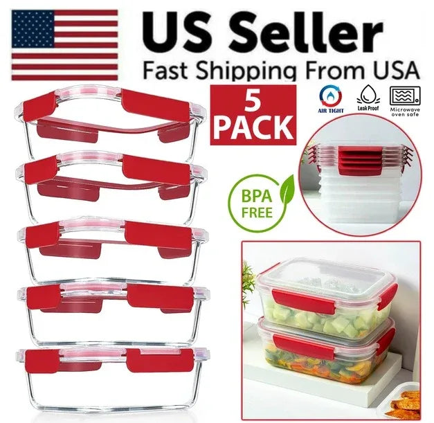 5 Pack Stackable Food Storage Containers Airtight & Leakproof Set Snap Lock Lids - THE MILE MAKER DRIVER SHOP