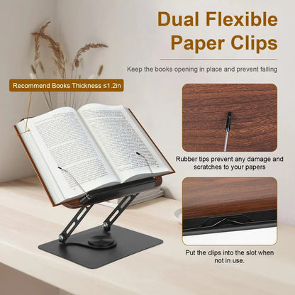 1Pc Book Stand For Reading Foldable Wood Book Holder Reading Rack Paper Stand With Adjustable Height 360 Degree Rotatable Base Dual Paper Clips For Book Sheet Music Laptop Drawing Tablet - THE MILE MAKER DRIVER SHOP