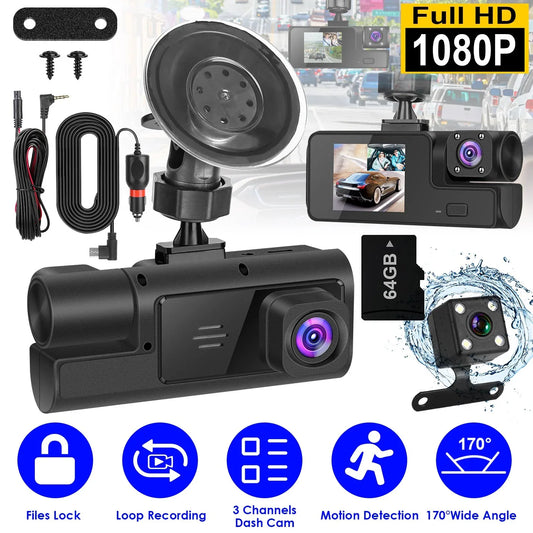 1Pc WiFi FHD 1080P Car Dash Cam 3 Channels Front Rear Inside Dash Camera With Loop Recording Reversing Visual 170 Degree Wide Angle 64G Card Included - THE MILE MAKER DRIVER SHOP