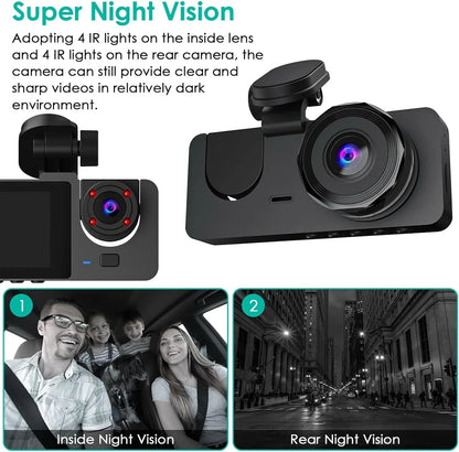 3 Channel Dash Cam, 1080P Dash Cam Front And Rear Inside, Three Way Dash Camera For Cars, Car Camera With 32GB Card, 24H Parking Mode, Loop Recording, Super Night Vision - THE MILE MAKER DRIVER SHOP