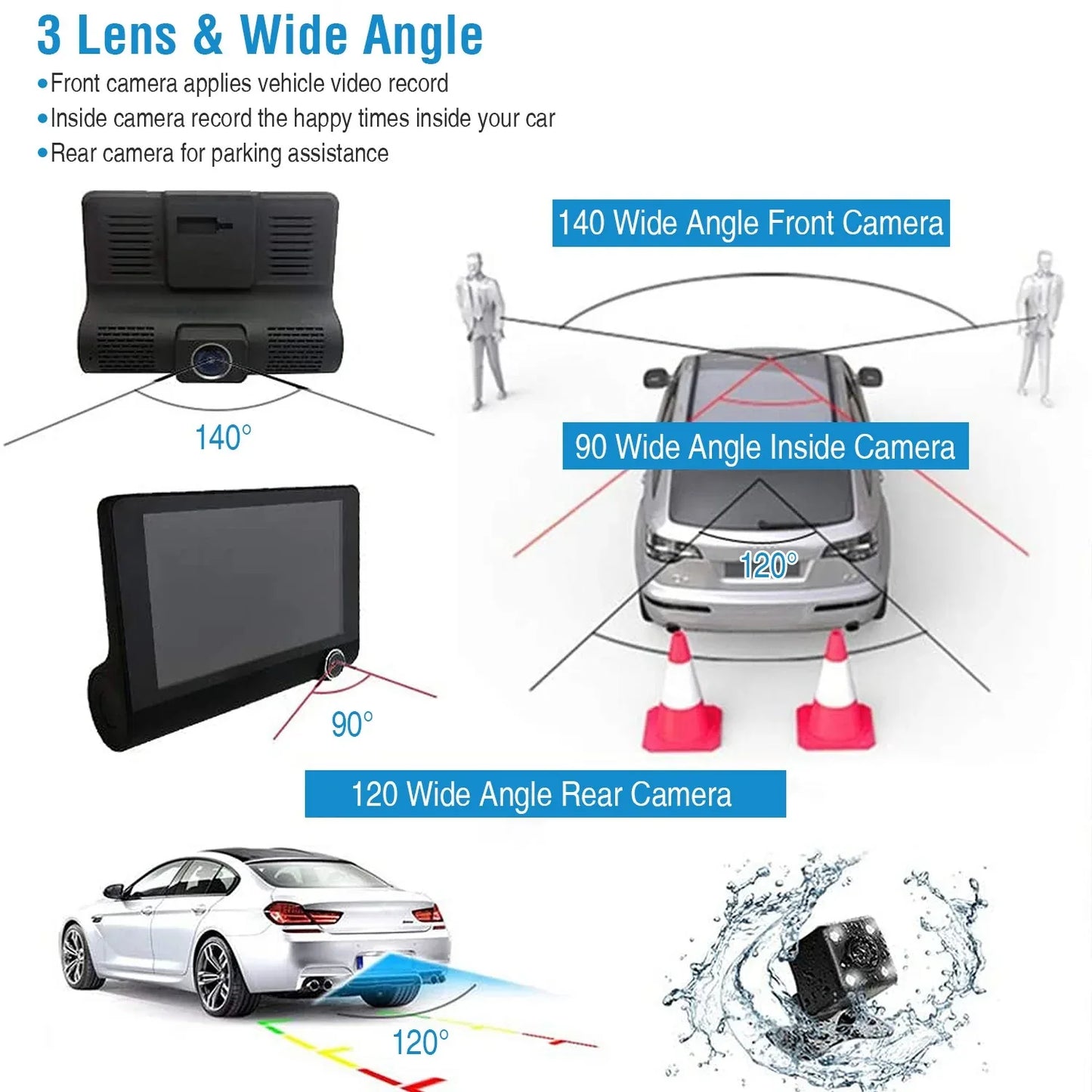 1296P Car DVR Dash Camera 4In 3 Lens Vehicle Driving Recorder Seamless Recording - THE MILE MAKER DRIVER SHOP